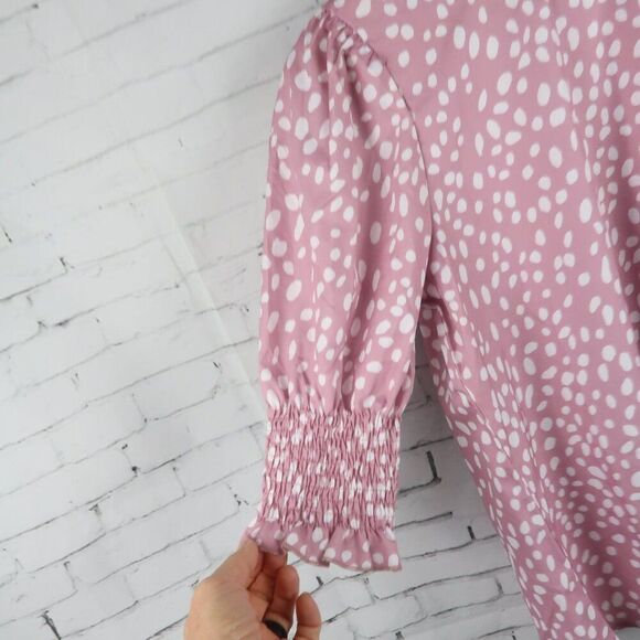PINK WITH WHITE POLKA DOT 1/2 SLEEVE CREW NECK TOP SIZE MEDIUM - Picture 5 of 6